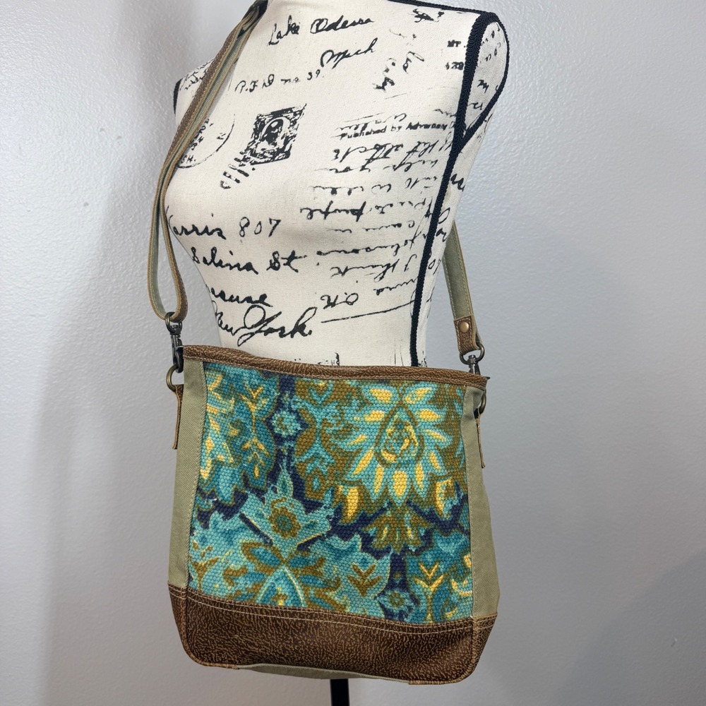 Myra Bag Crossbody Bag Women's Green Canvas Leather Blue Floral Boho